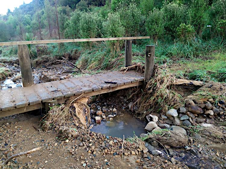 A picture of debri caught up underneath the footbridge